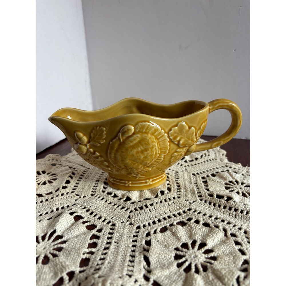 Bordallo Pinheiro Turkey Gravy Boat Mustard Yellow Ceramic Portugal Thanksgiving